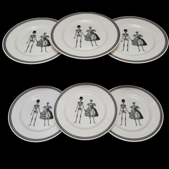 Victorian 11" Skeleton Couple plates set of 6 plates & 1 metal basket Halloween - Picture 16 of 16